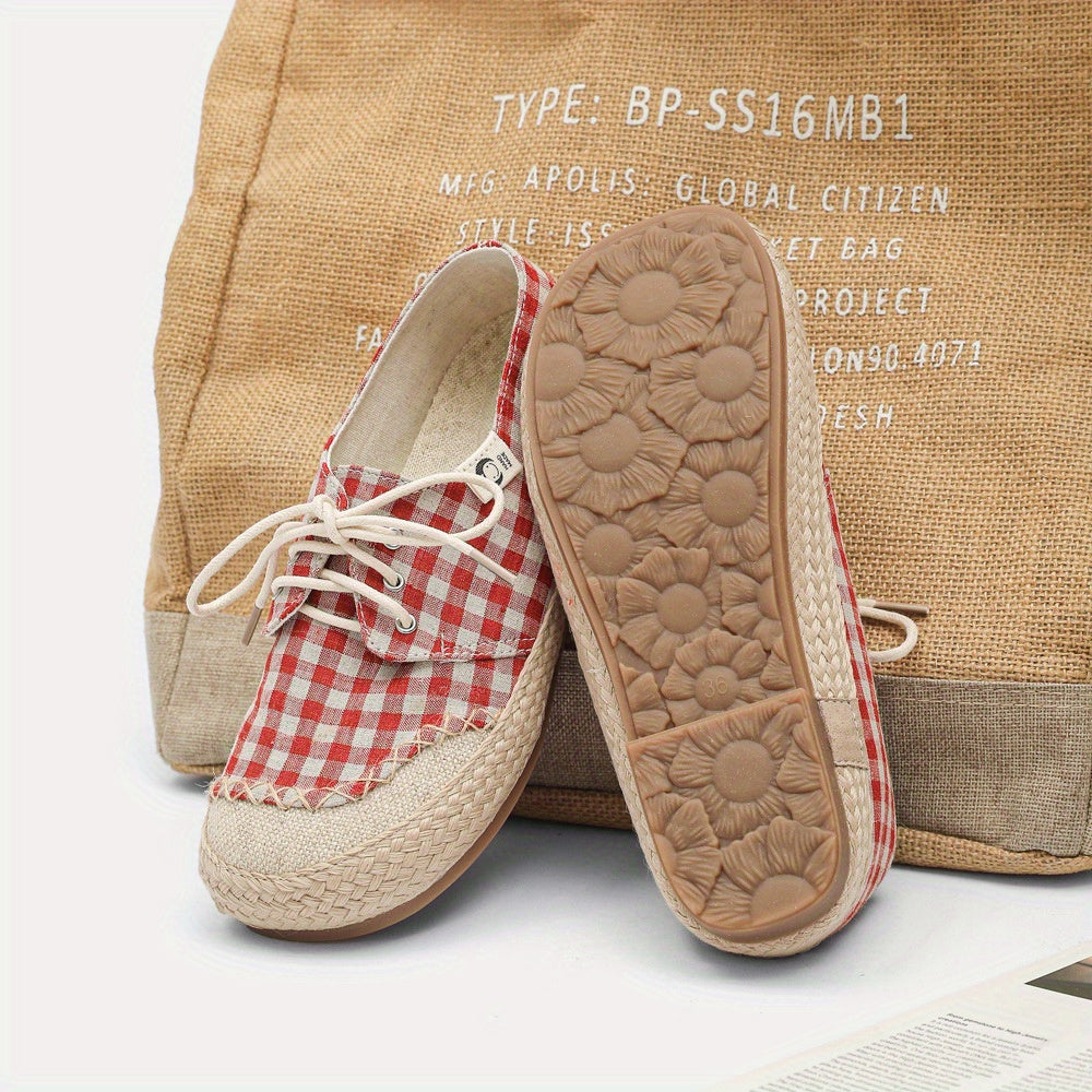 Women's Handmade Linen Style Flats Casual Checkered Lace-Up Shoes