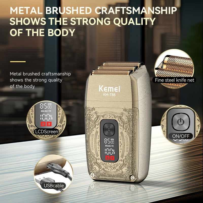 Kemei Oscillating Electric Shaver, model KM-T88, metall o'yma korpus, LCD ekran displeyi, 3D suzib yuradigan pichoq tarmog'i, professional pichoq bosh, uch tezlikda soqol olish va ikki tomonlama foydalanish imkoniyatiga ega.