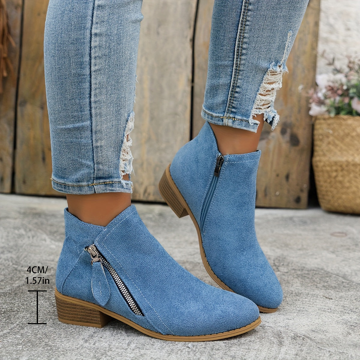 Women's Vintage Fabric Ankle Boots with Mid Heel Block and Zipper