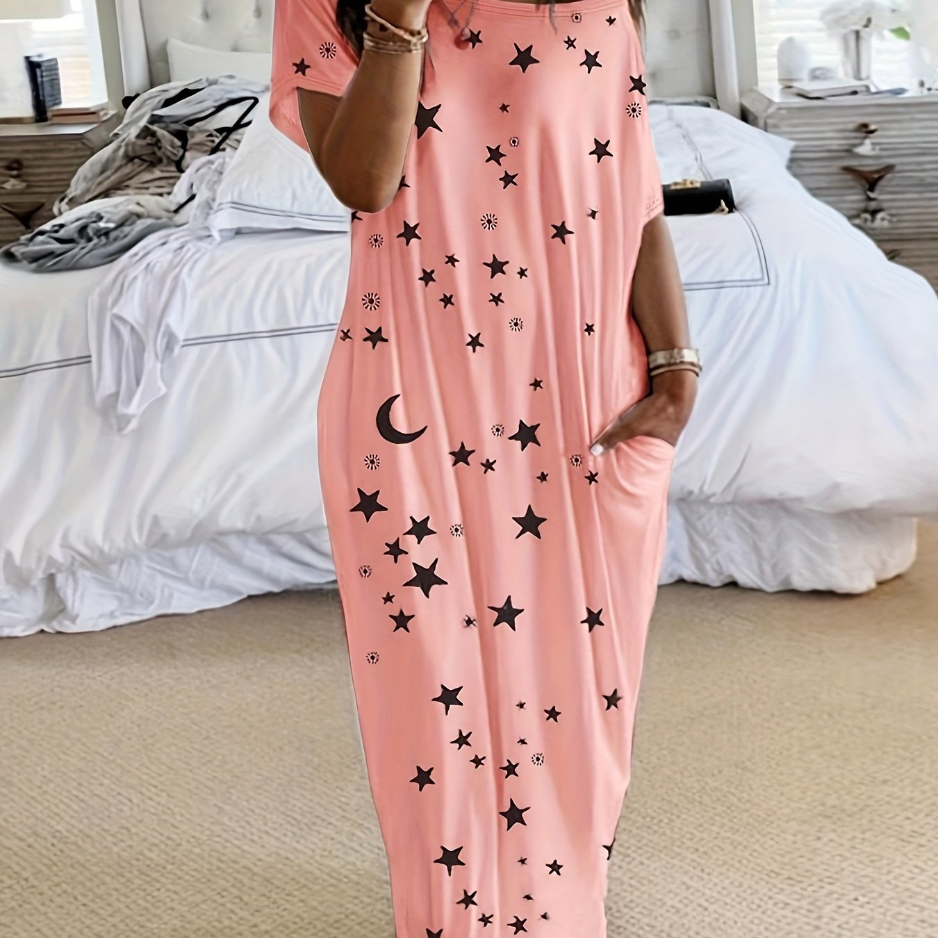 Women's Lounge Dress Plus Size Tie Dye Butterfly Heart Print One Shoulder Sleep Dress With Pockets