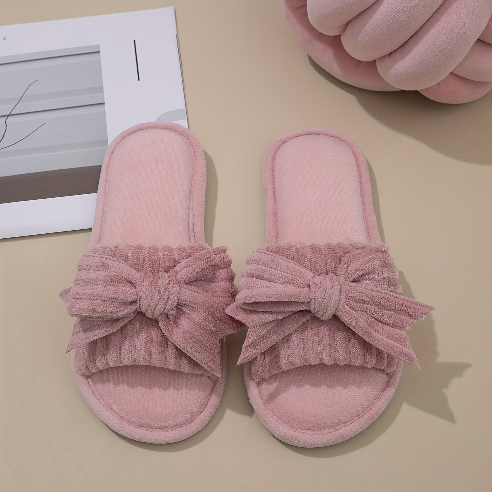 Women's Solid Color Bowknot Plush Slippers Open Toe Indoor Shoes