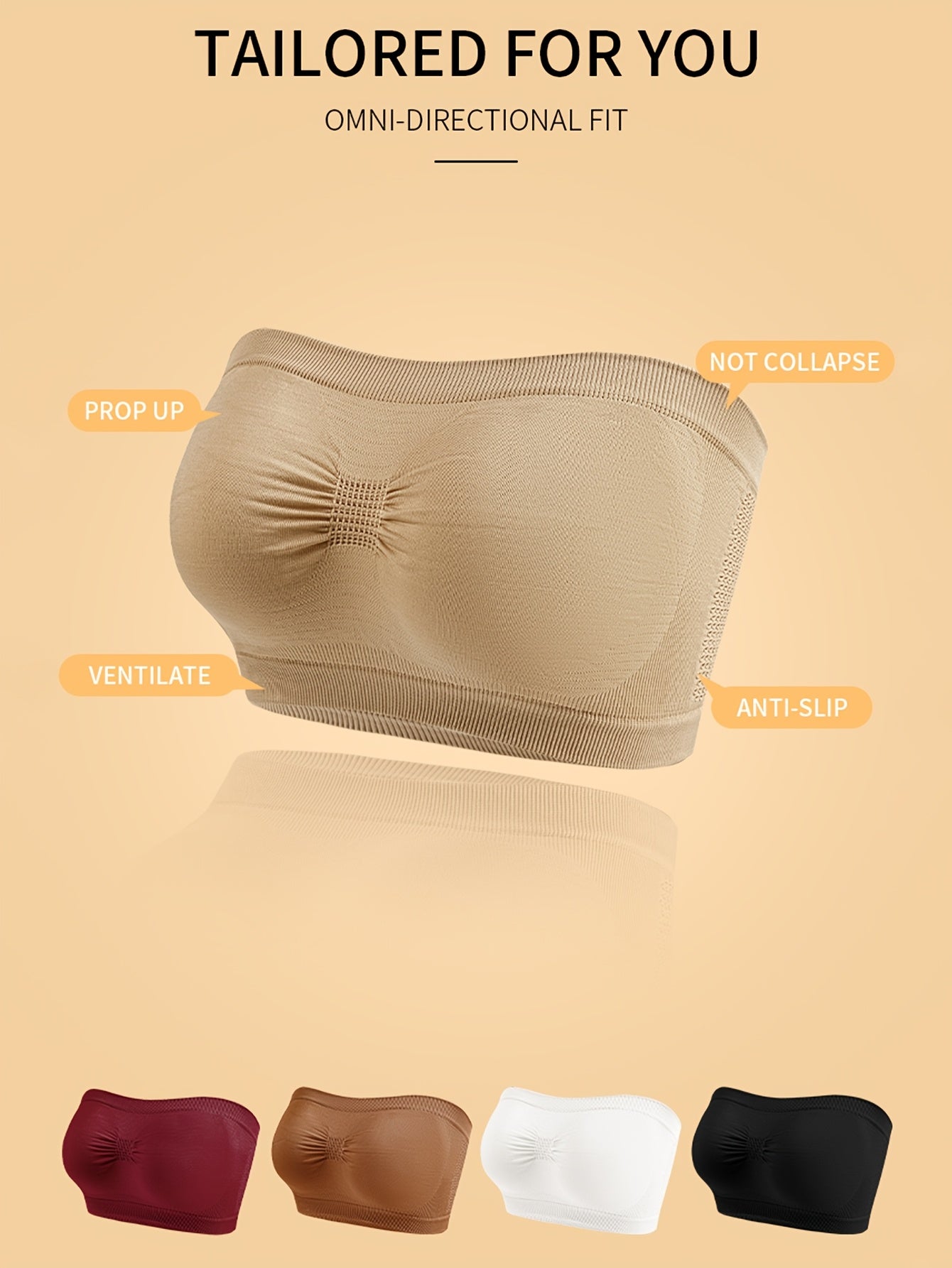 Women's Solid Color Strapless Crop Top Set with Breathable Non-Slip Bra