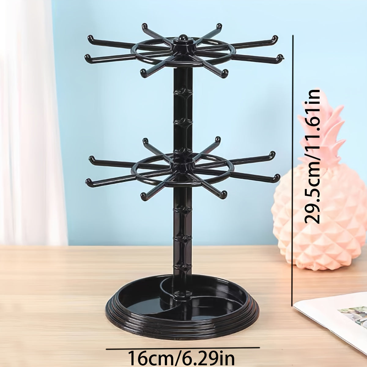 2-Layer Rotatable Storage Rack with 16 Hooks for Keys Jewelry and Accessories