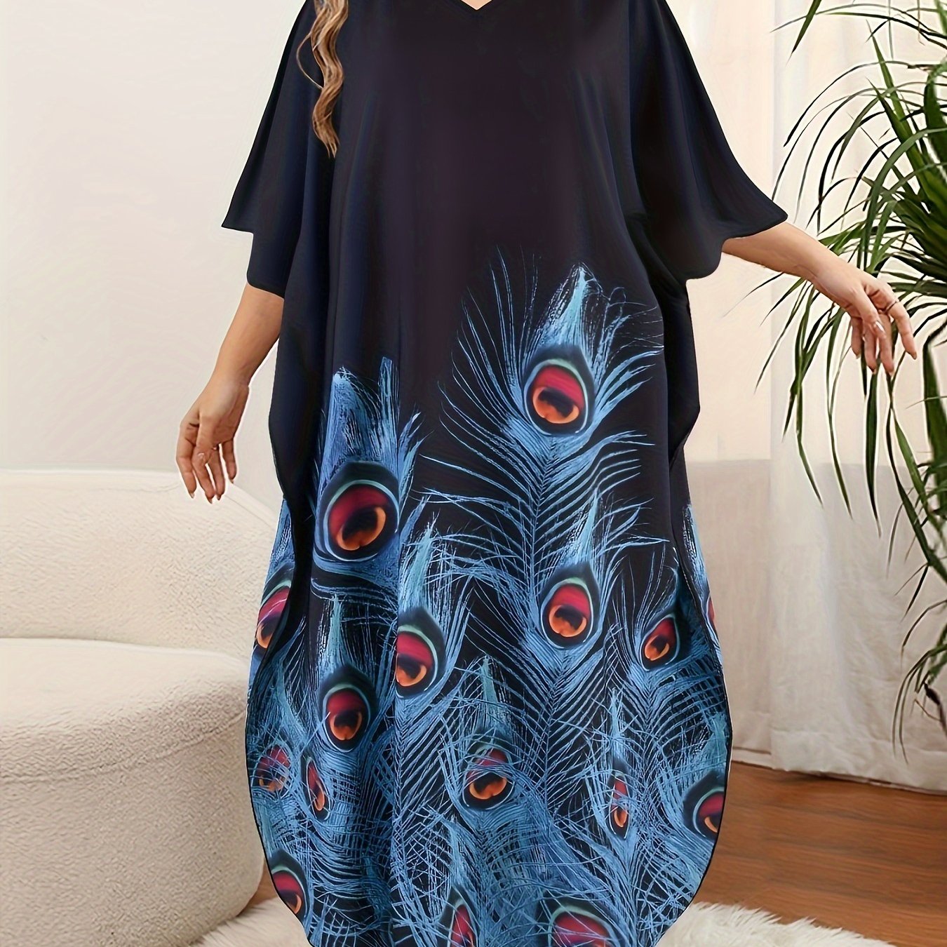 Plus Size Women's Kaftan Dress with V-Neck Short Batwing Sleeves Long Length Slit Polyester Elastane