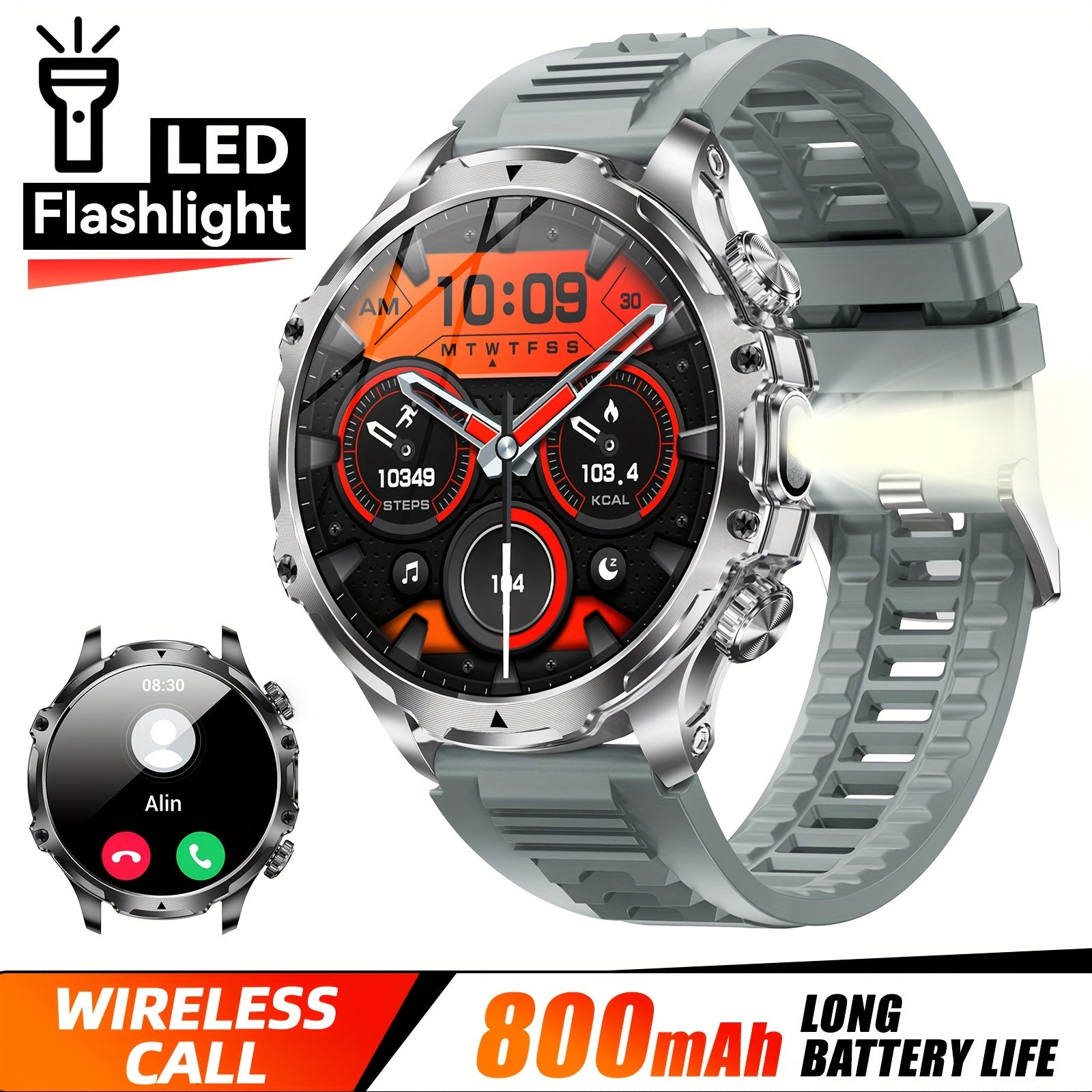 JELLOO 2024 Sport Aqlli Soat 800mAh batareya, 1.85" displey, simsiz qo'ng'iroqni javob berish, LED chiroq, USB zaryadlash, zanglamaydigan po'latdan yasalgan tasma, ko'p sport rejimlari, iPhone va Android uchun