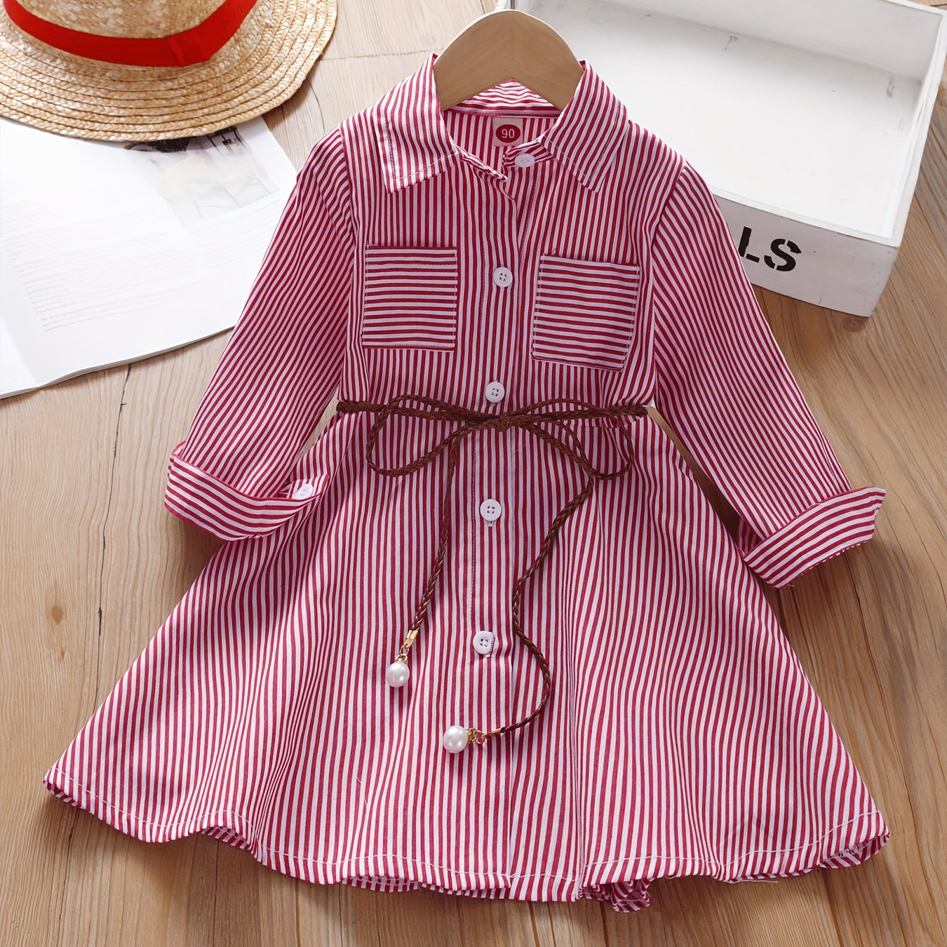 Girls' Striped Cotton Blend Shirt Dress with Pockets for Spring Summer Fall, One Size Smaller