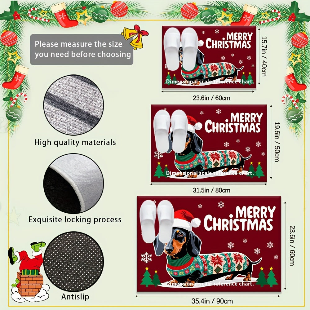 Christmas Dachshund Doormat Non-Slip Polyester Rug with Rubber Backing