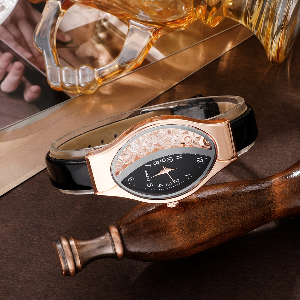 Quartz Watch for Women with Black Dial and PU Strap, Zinc Alloy Hands, Gift for Mother's Day Easter Ramadan Eid