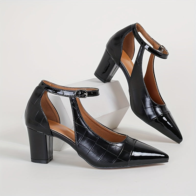 Women's Pointed Toe Chunky Heel Pumps with Ankle Strap Brown