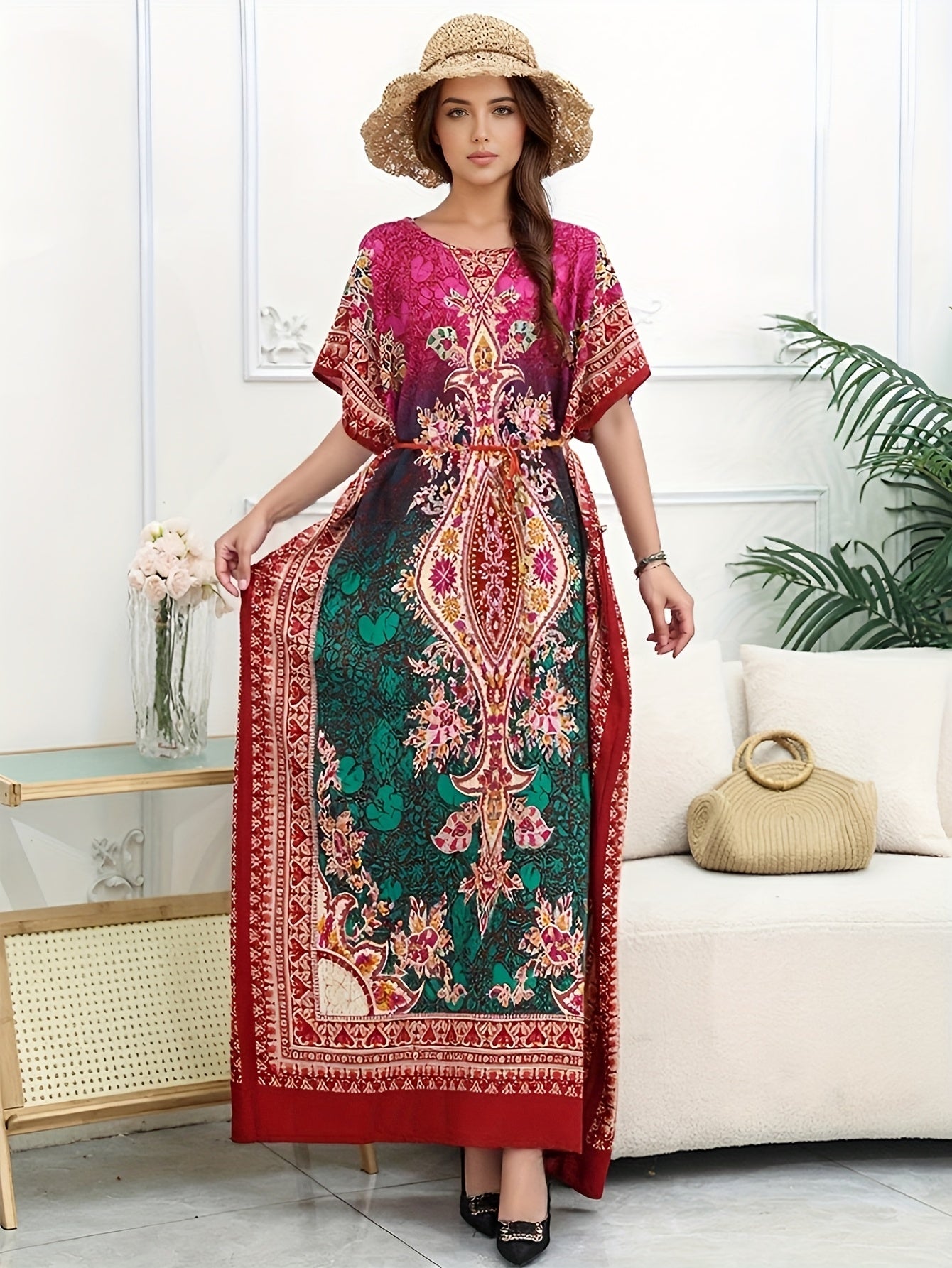 Vestido caftán de tallas grandes para mujer Ramdan con estampado geométrico vibrante, corte suelto y túnica