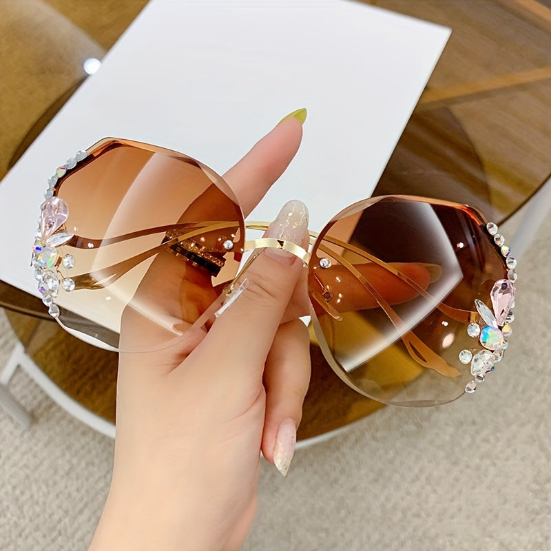 Women’s Frameless Gradient Lens Rhinestone Fashion Glasses with Bent Legs Buy One Get One Free