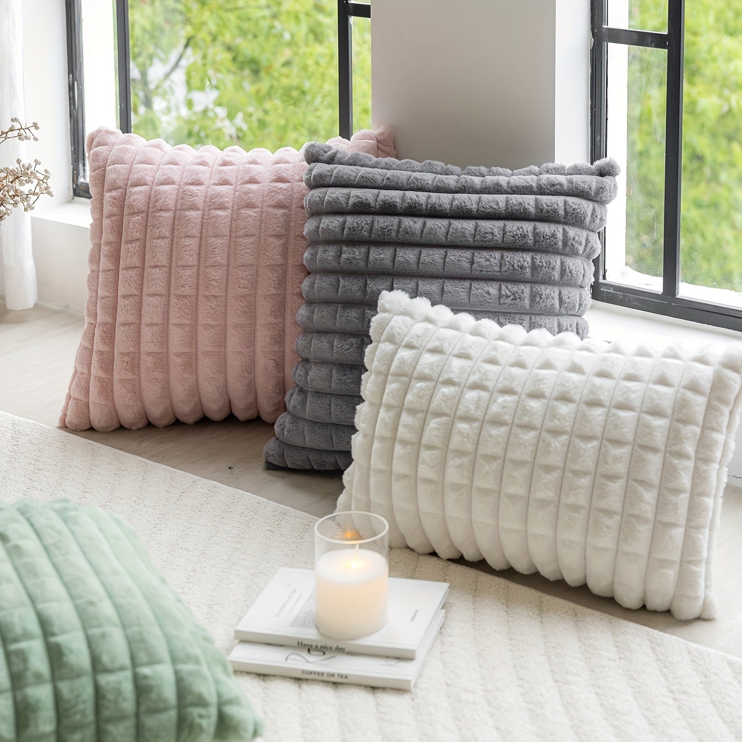 Checkered Plush Throw Pillow Cover Sofa Farmhouse Decor 44x45cm or 50x30cm