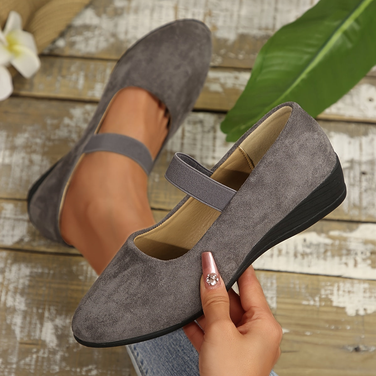 Women's Black Slip-On Wedge Heeled Shoes with Cushioned Insole and Rubber Sole