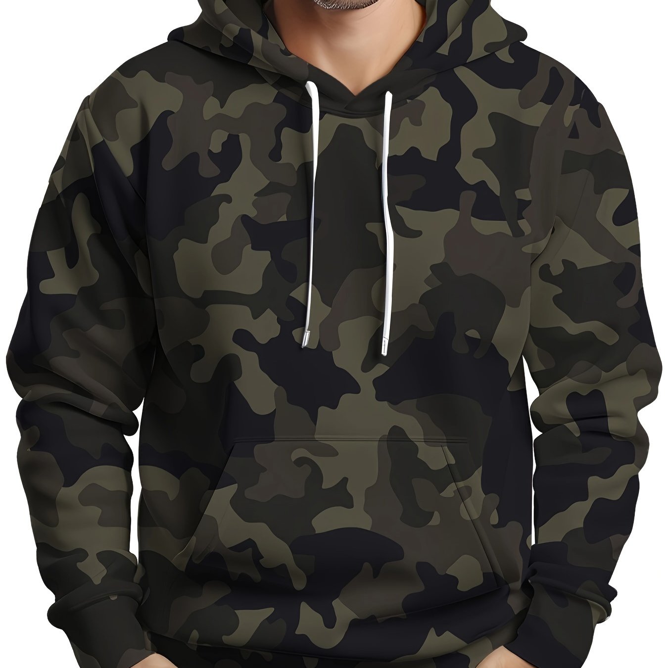 Men's Plus Size Camo Hoodie with Kangaroo Pocket Stretch Fabric Casual Sportswear