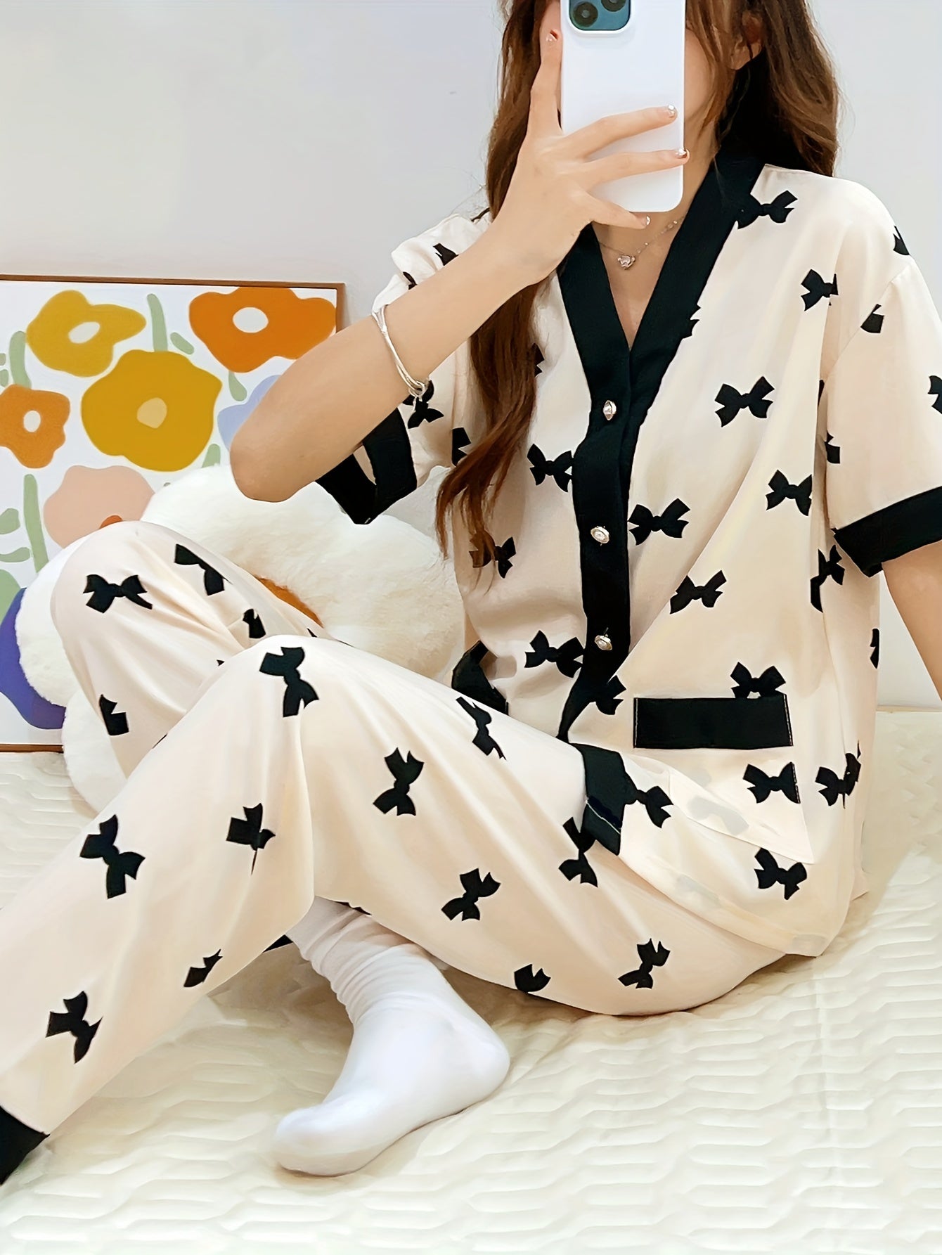Women's Summer Pajama Set with Heart Pattern Short Sleeve V-Neck Cardigan and Long Pants