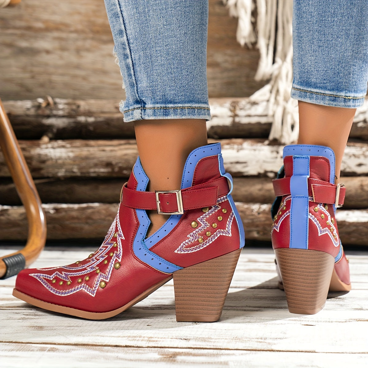 Women's Golden Beads Chunky Heel Ankle Boots with Buckle Strap