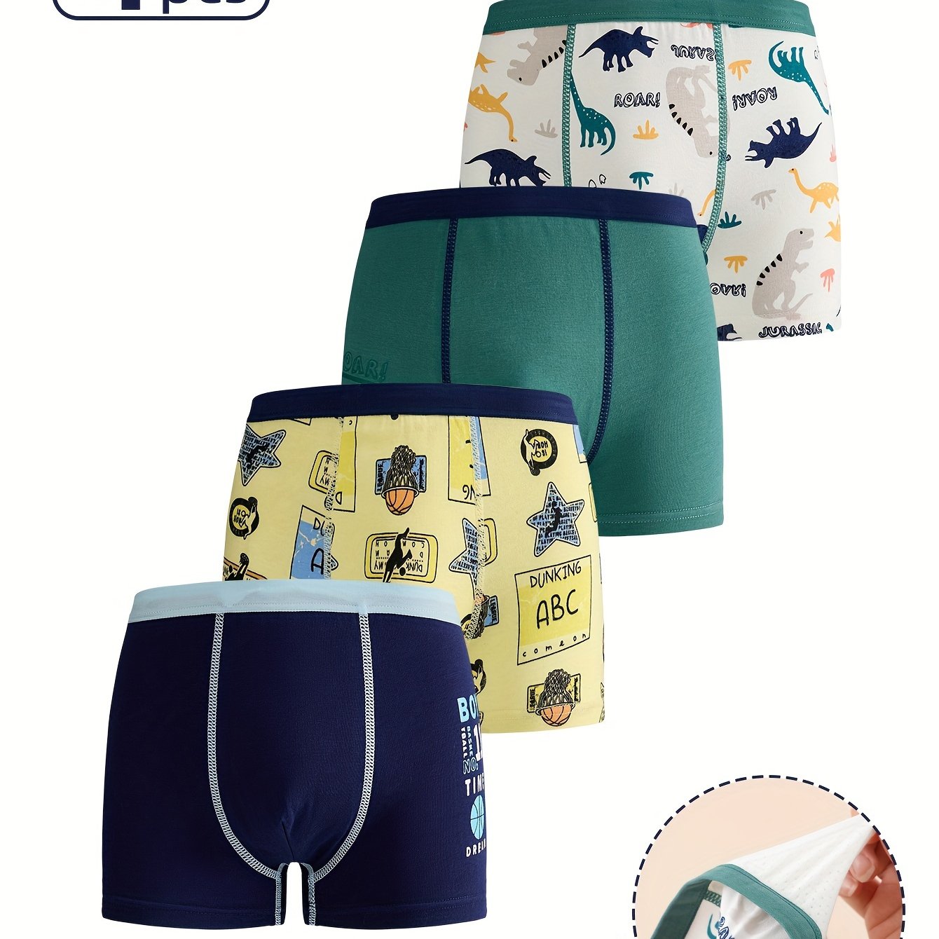 4-Pack Boys' Cotton Boxer Briefs with Cartoon Dinosaur and Basketball Prints All-Season Knit Fabric Regular Fit