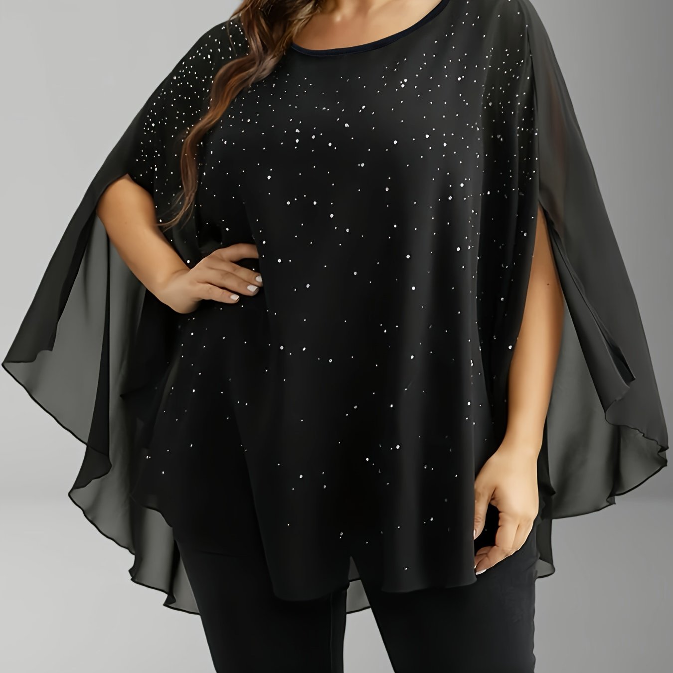 Plus Size Chiffon Blouse with Sequins and Ruffle Sleeves for Women