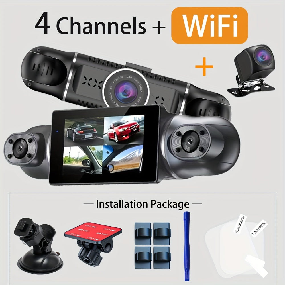 Four-Channel 1080P Dash Camera with 360° Rotatable Cameras WiFi Night Vision Loop Recording G-Sensor