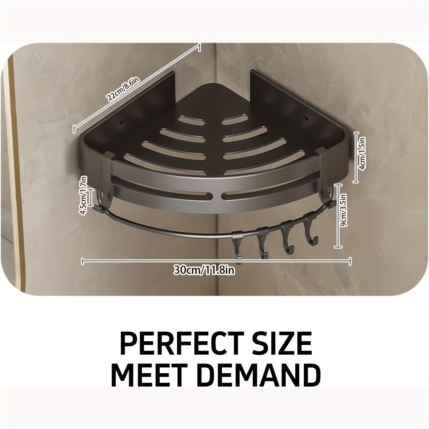 Joyni tejaydigan hammom saqlash yechimi: zanglamaydigan javonlar, sochiq ushlagich va shampun tashkilotchisi bilan o'z-o'zidan yopishadigan burchakli dush qutisi.