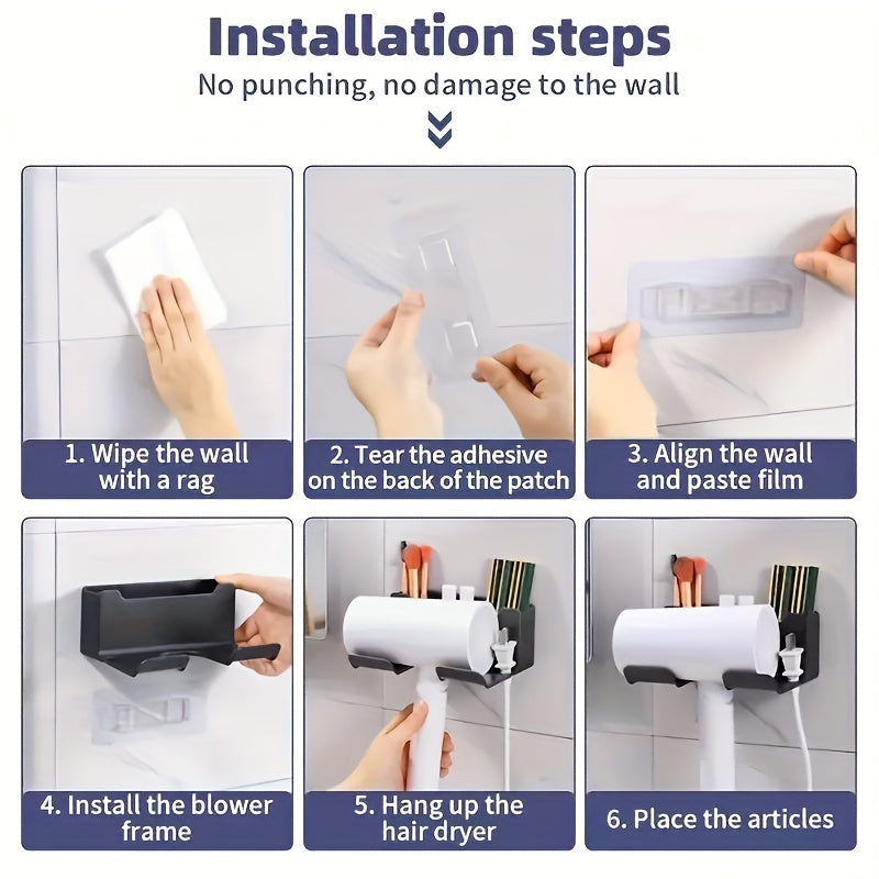 Wall-Mounted Plastic Hair Dryer Holder No Punching Bathroom Storage Rack