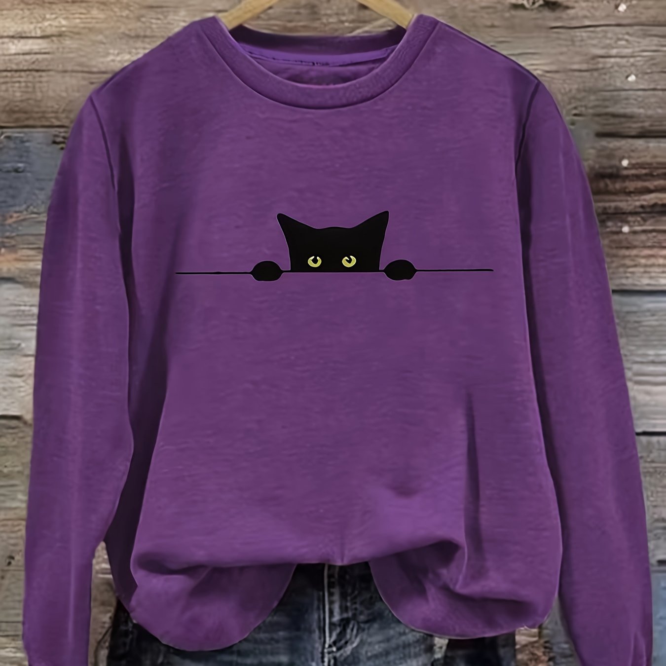 Plus Size Women's Cat Print Sweatshirt Long Sleeve Crew Neck Pullover