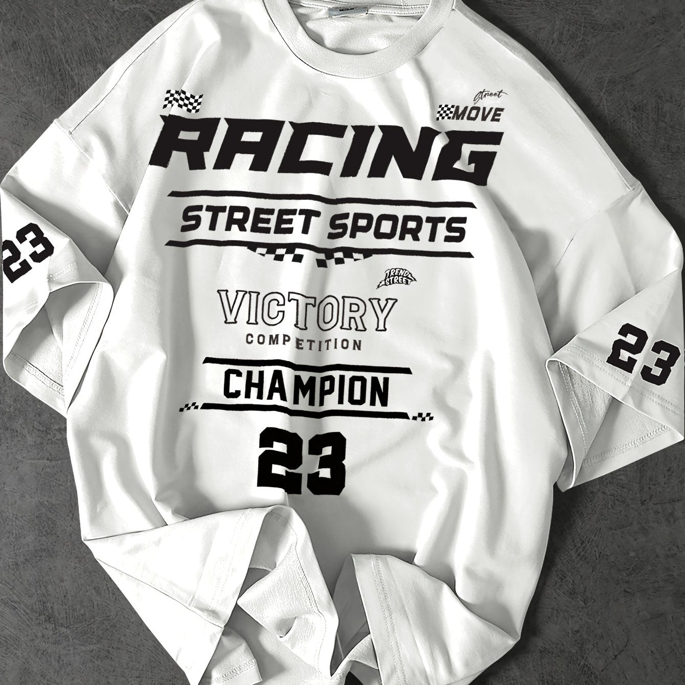 Camiseta casual de poliéster para hombre de cuello redondo con estampados de números y letras