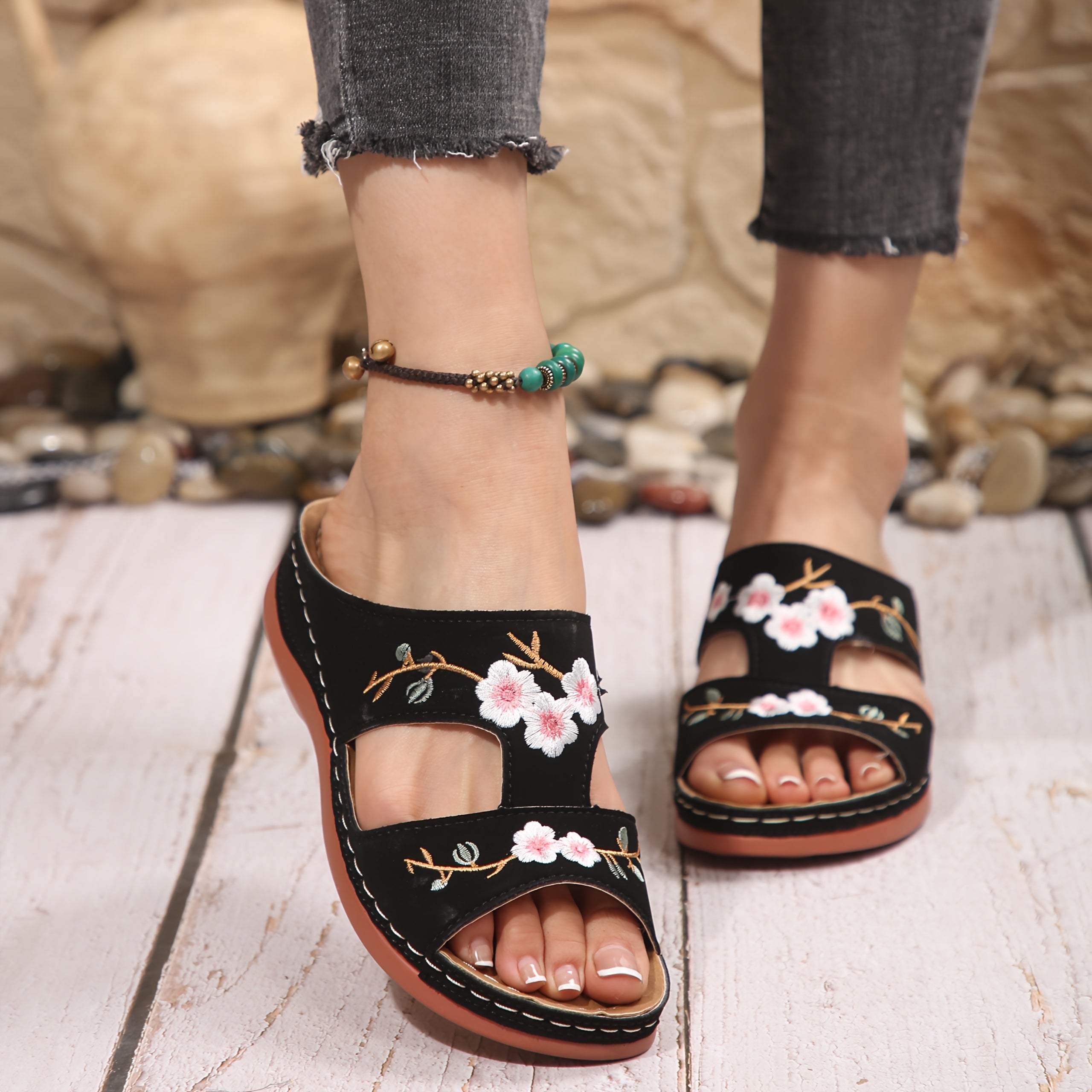 Women's Floral Wedge Sandals Faux Cover Open Toe Slip-On Summer Shoes