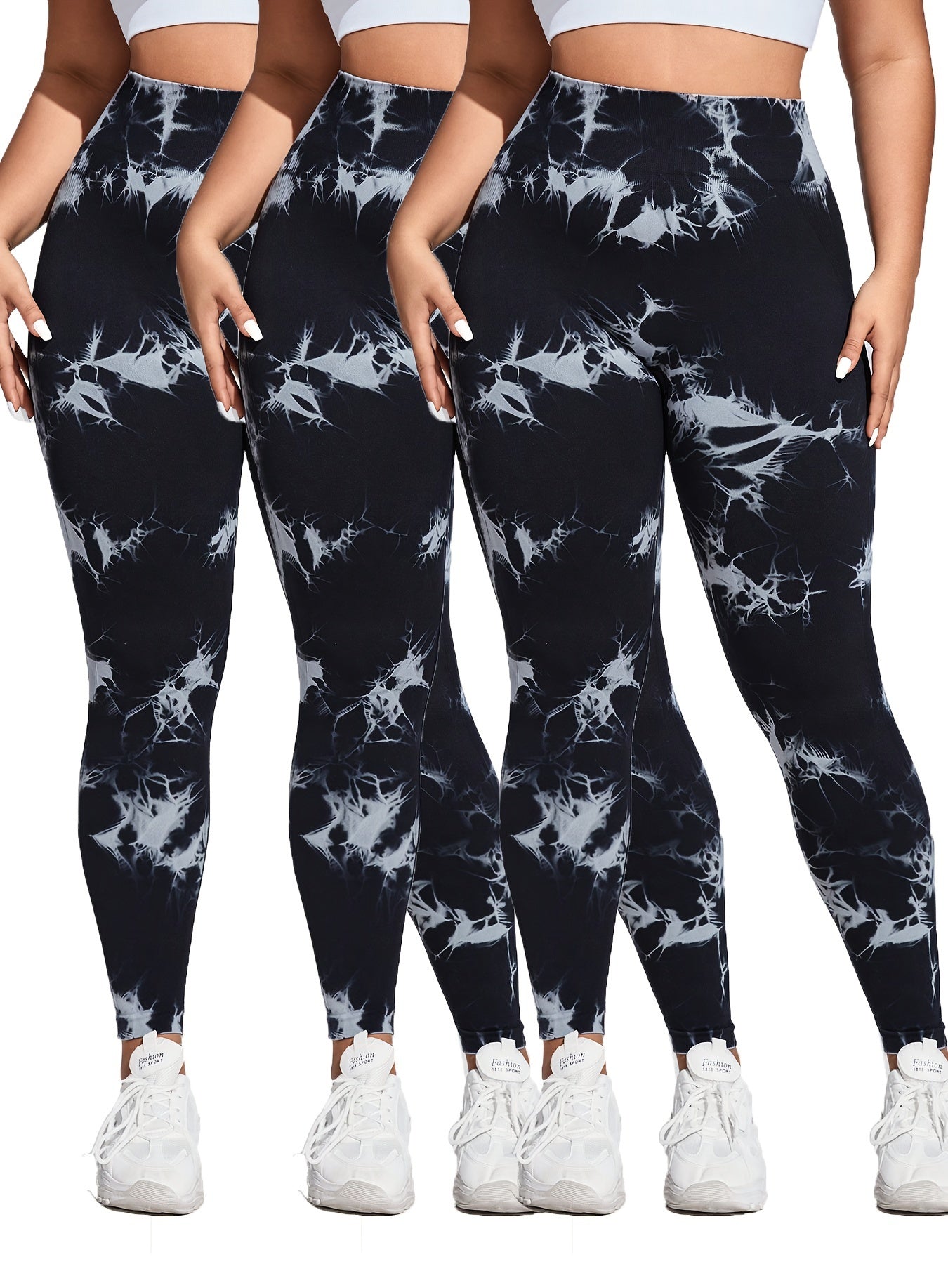 Plus Size Women Seamless Quick-Dry Tie-Dye High Waist Yoga Leggings 3 Pack