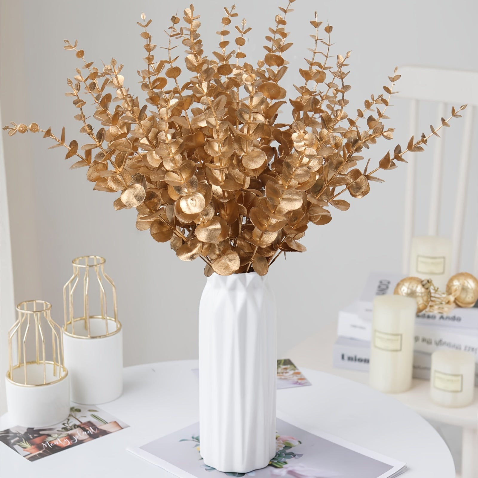 Artificial Flowers for Decorations Christmas Weddings Home Decor Eucalyptus Leaves and Gold Flowers