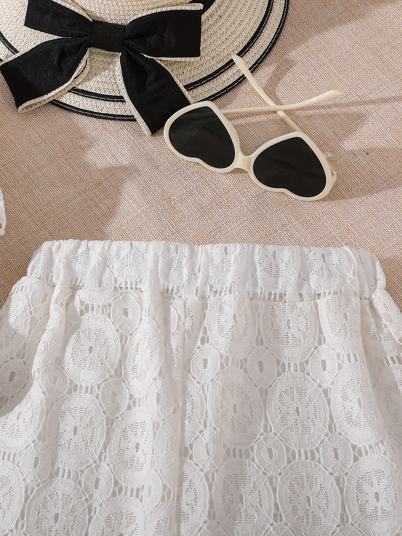 Girls Lace Set with Flounce Sleeve Top and Hollow-Out Pants for Summer