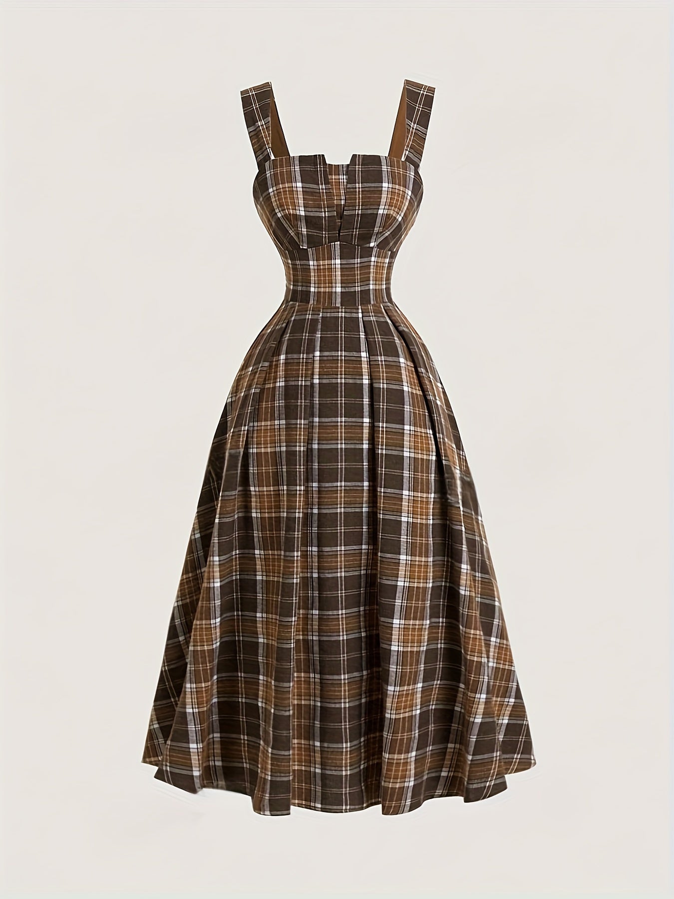 Adult Plaid Long Dress with Off-Shoulder Style and Shirred Details