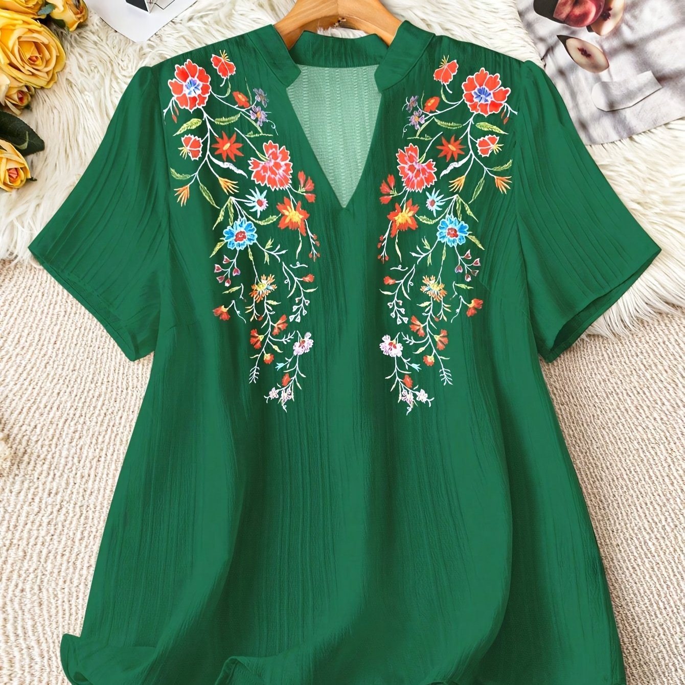 Plus Size Women's Floral Print V-Neck Short Sleeve Blouse Casual Summer White Top