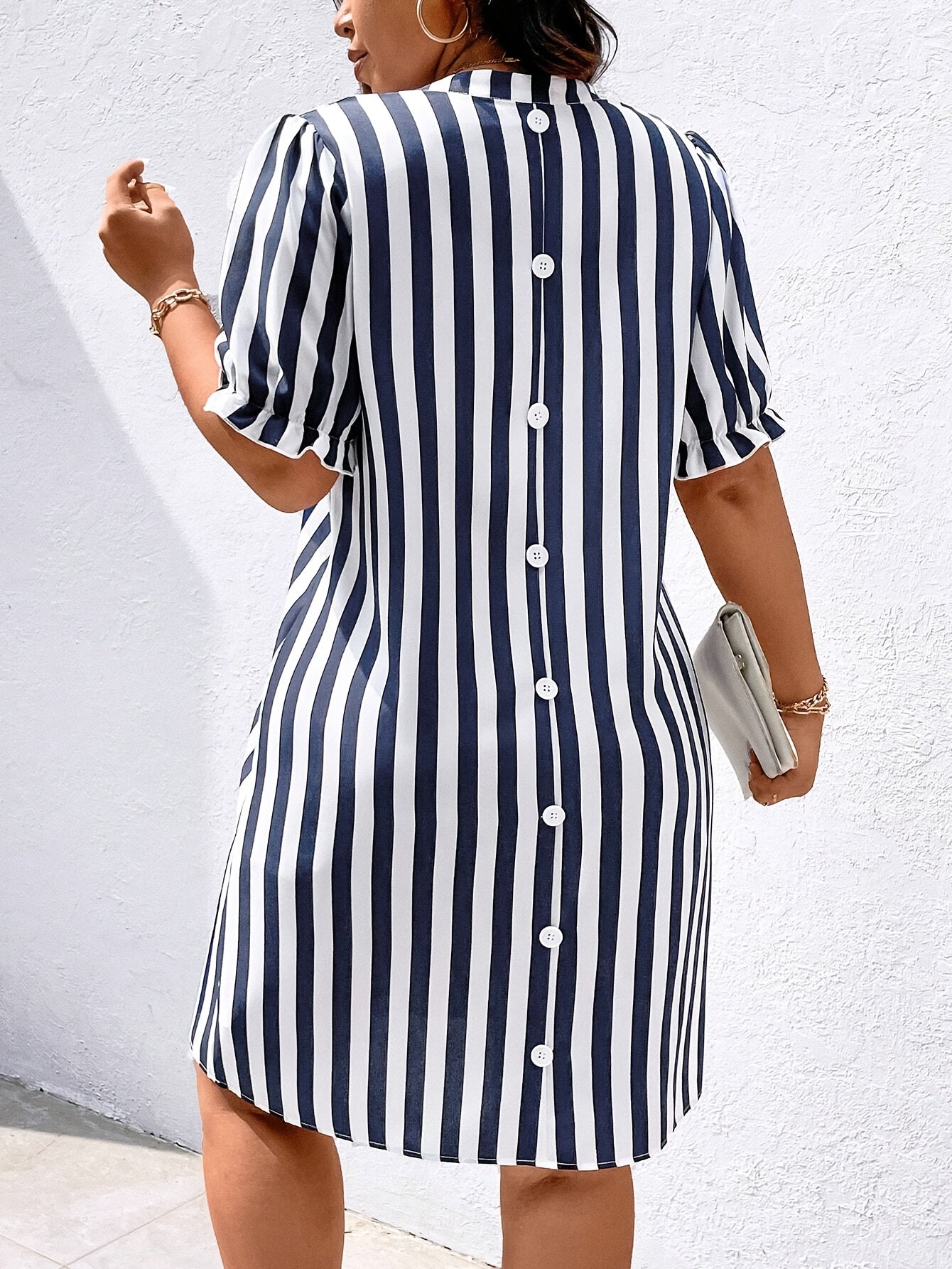 Plus-Size Striped Dress with Flutter Short Sleeves and V-Neck for Women