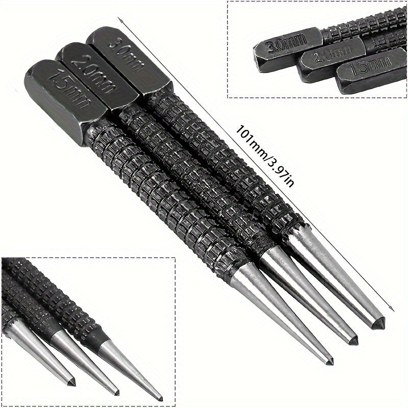 3-Piece High-Carbon Steel Center Punch Set 1.5-3mm Metal Wood Marking