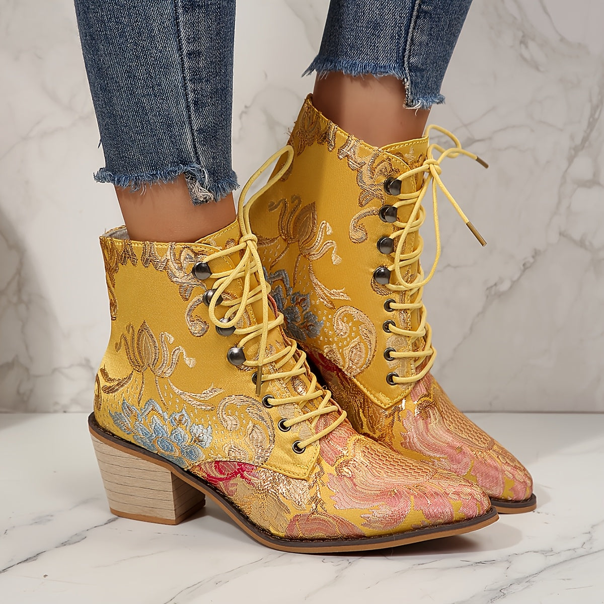 Women Lace-Up Ankle Booties with Floral Embroidery Pointed Toe High Heel