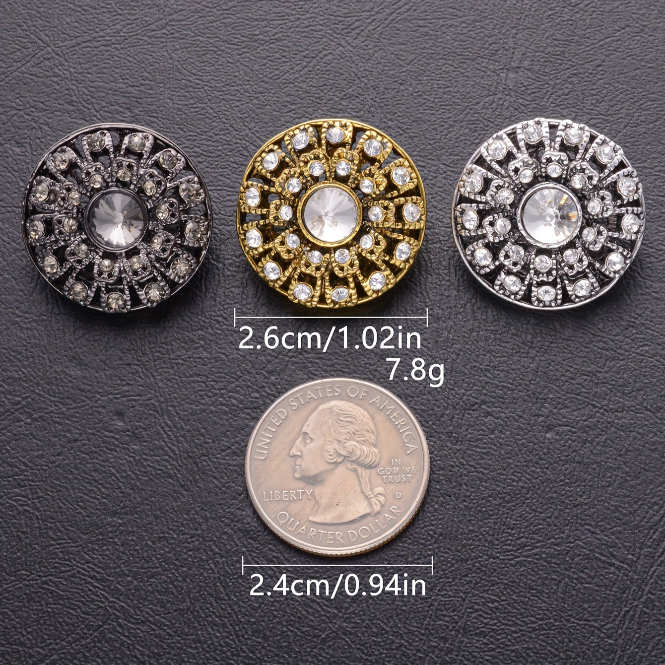 Set of 5 Vintage Round Rhinestone Buttons for Sweaters, Blazers, Coats