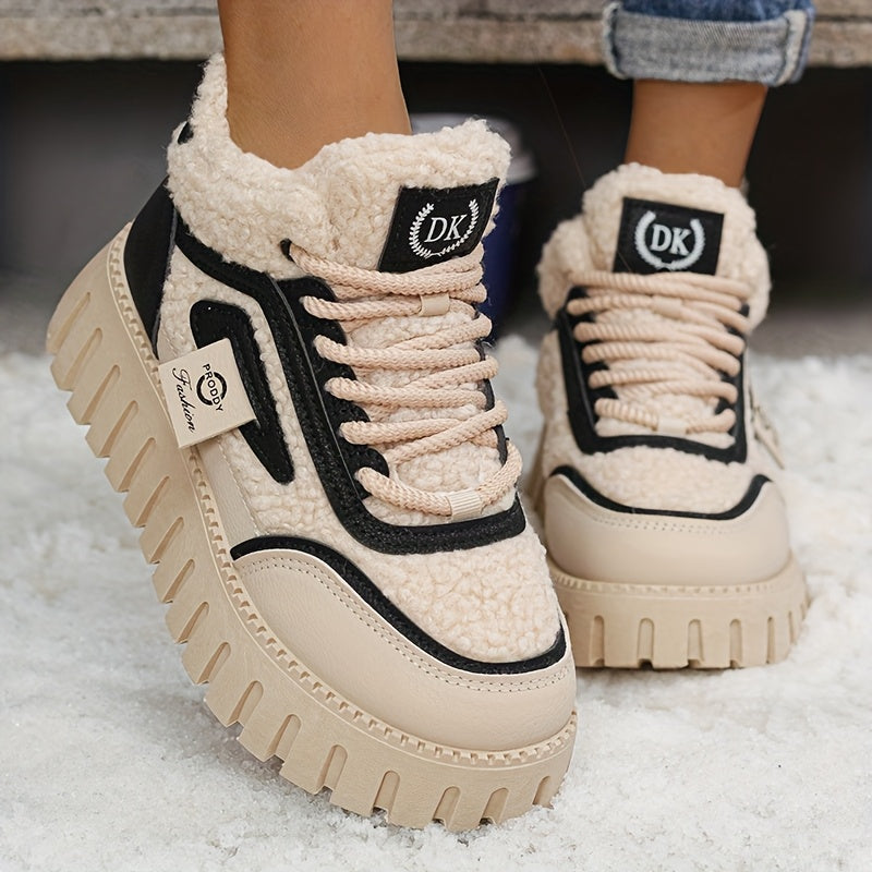 Women's Snow Boots Fleece-Lined Mid-Heel Lace-Up Winter Casual