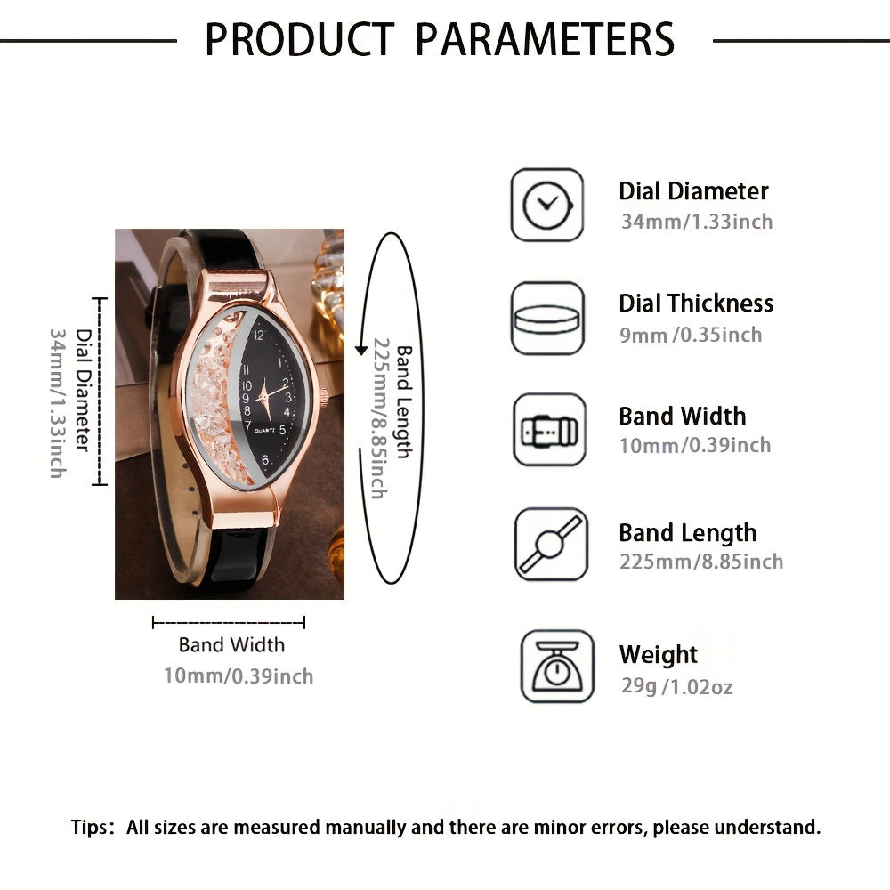 Quartz Watch for Women with Black Dial and PU Strap, Zinc Alloy Hands, Gift for Mother's Day Easter Ramadan Eid
