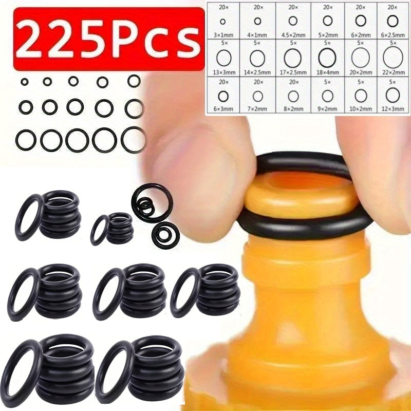 225 Pcs Rubber O-Ring Assortment Kit Oil-Resistant Seals for Plumbing Automotive