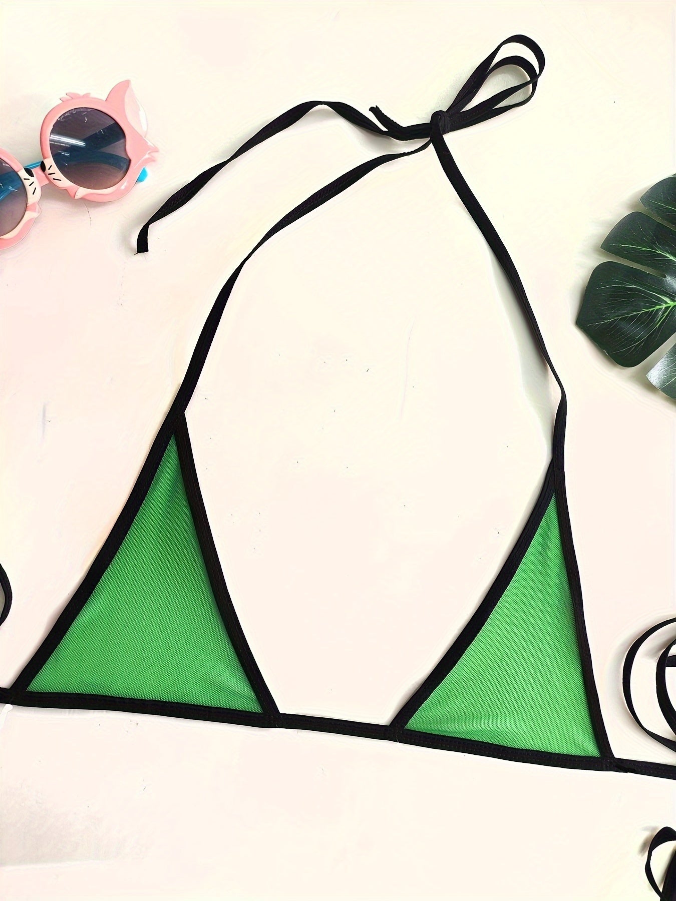 Mesh Bikini Lingerie Set with Green Triangle Trim and Adjustable Straps