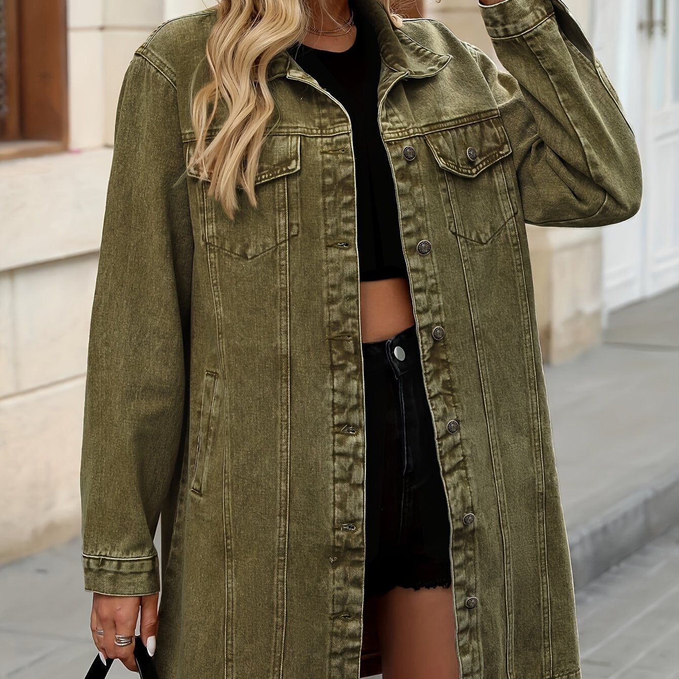 Ayollar uchun vintage yashil denim ko'ylak, tasodifiy keng kesim, uzun yenglar, tugmachali qopqoq cho'ntaklar va bahor va kuz uchun o'rtacha uzunlik.