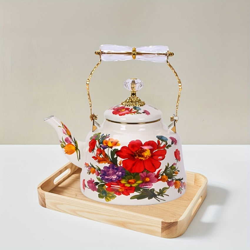 Vintage gullar dizayni emal choynak - Katta sig'imli pechka choynak, klassik tushlik choyi uchun bog'da, an'anaviy mahorat bilan qo'l bilan tayyorlangan - Elektrsiz