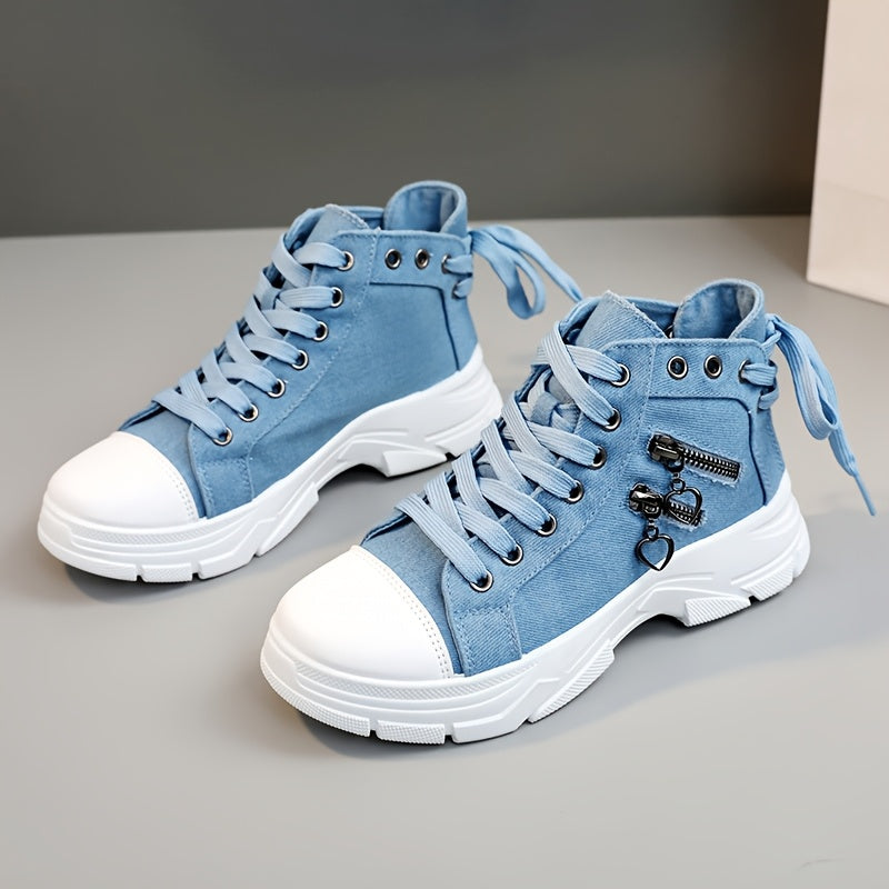 Zapatillas deportivas altas para mujer con lazo, transpirables, blanco y azul