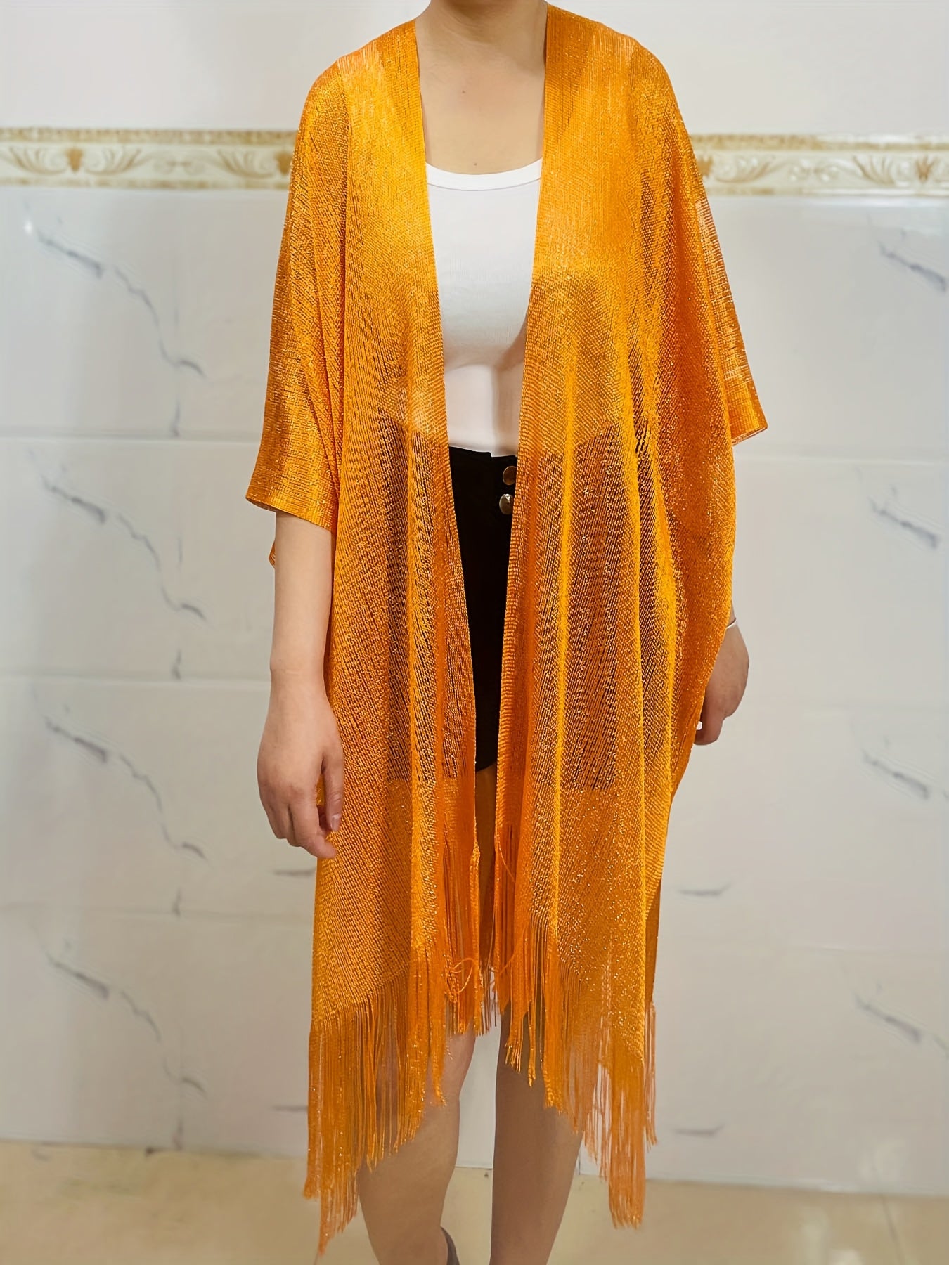 Plus Size Women's Lightweight Batwing Sleeve Scarf Shawl Orange Open Front Cover-Up