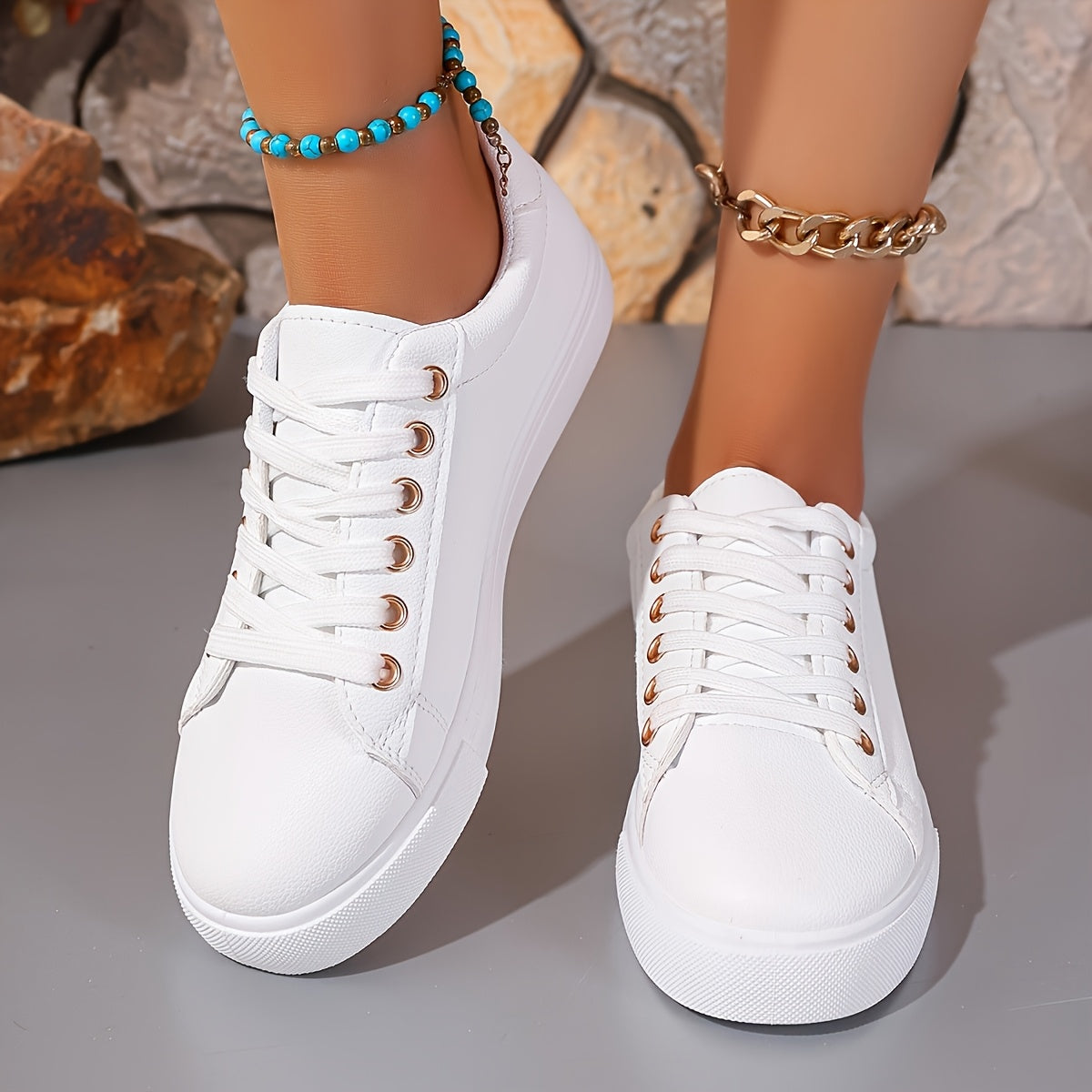 Women's Casual White Synthetic Sneakers with Rose Gold Accents