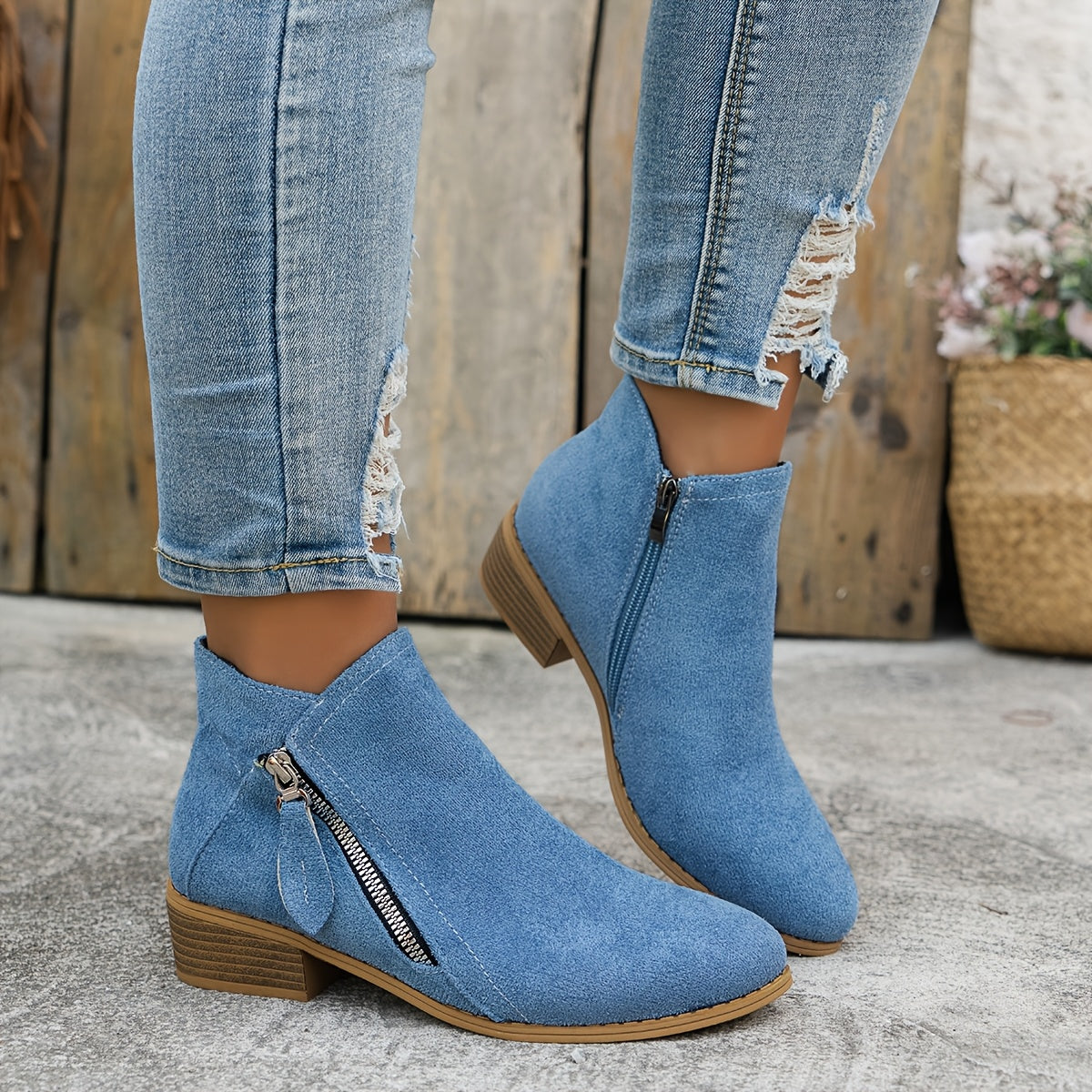Women's Fashion Ankle Boots Solid Color Mid Heel Casual Slip-Ons