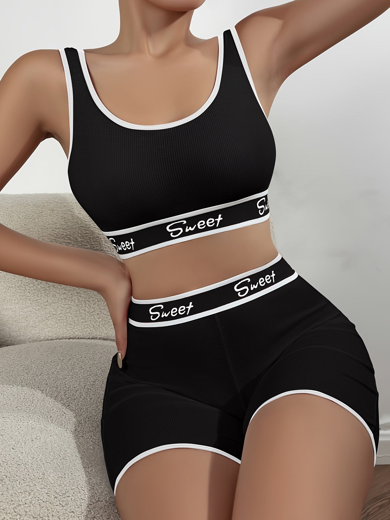 Women's Letter Print Lingerie Set Full Coverage Tank Bra and Boyshorts