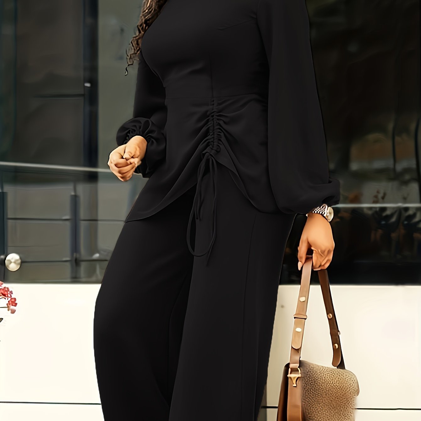 Women's Plus Size Casual Outfit Set Solid Lantern Sleeve Top with Mock Neck and Loose Pants