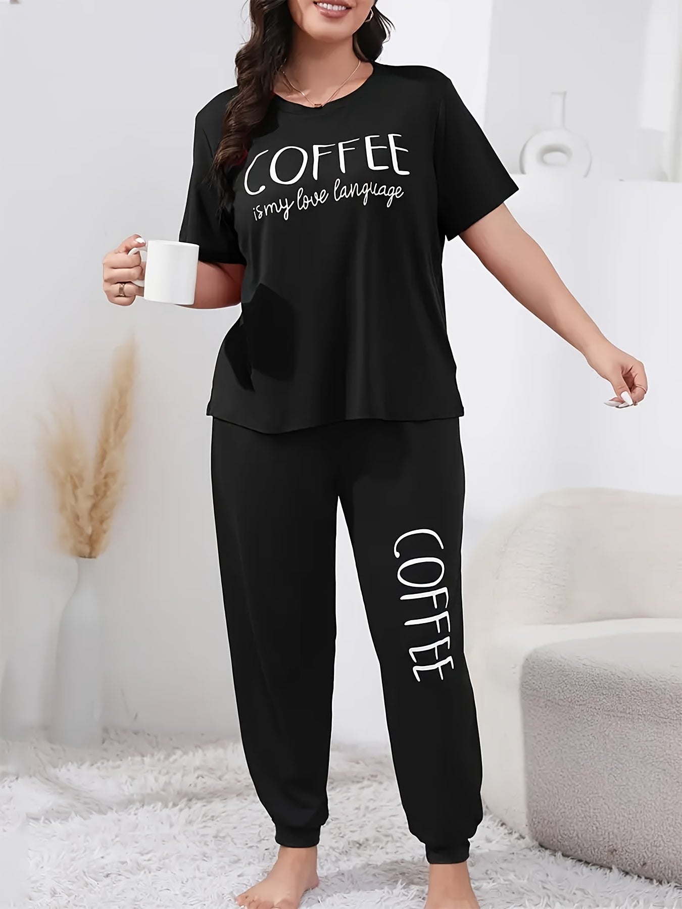 Women's Black Coffee Lover T-Shirt and Joggers Set Casual Spring Summer